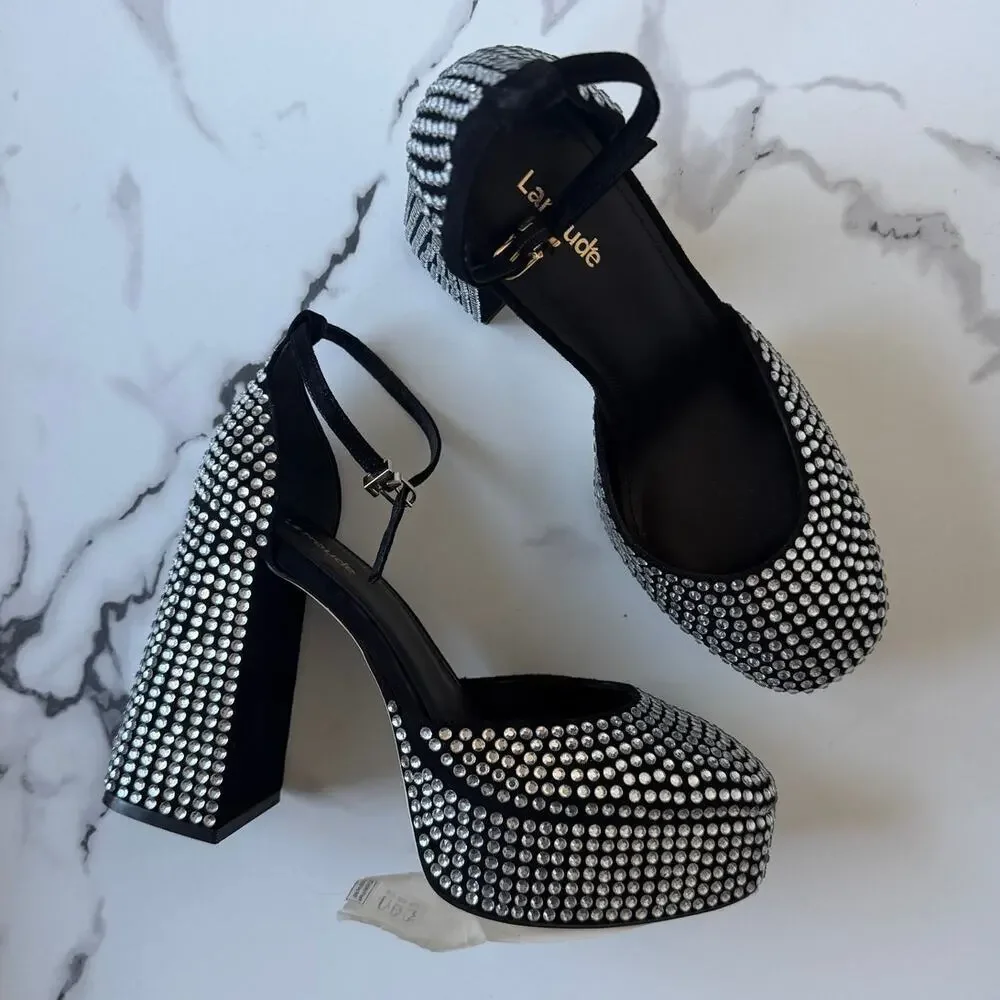 Larroude Ari Crystal Platform Pumps in Black Silver NEW Size 9